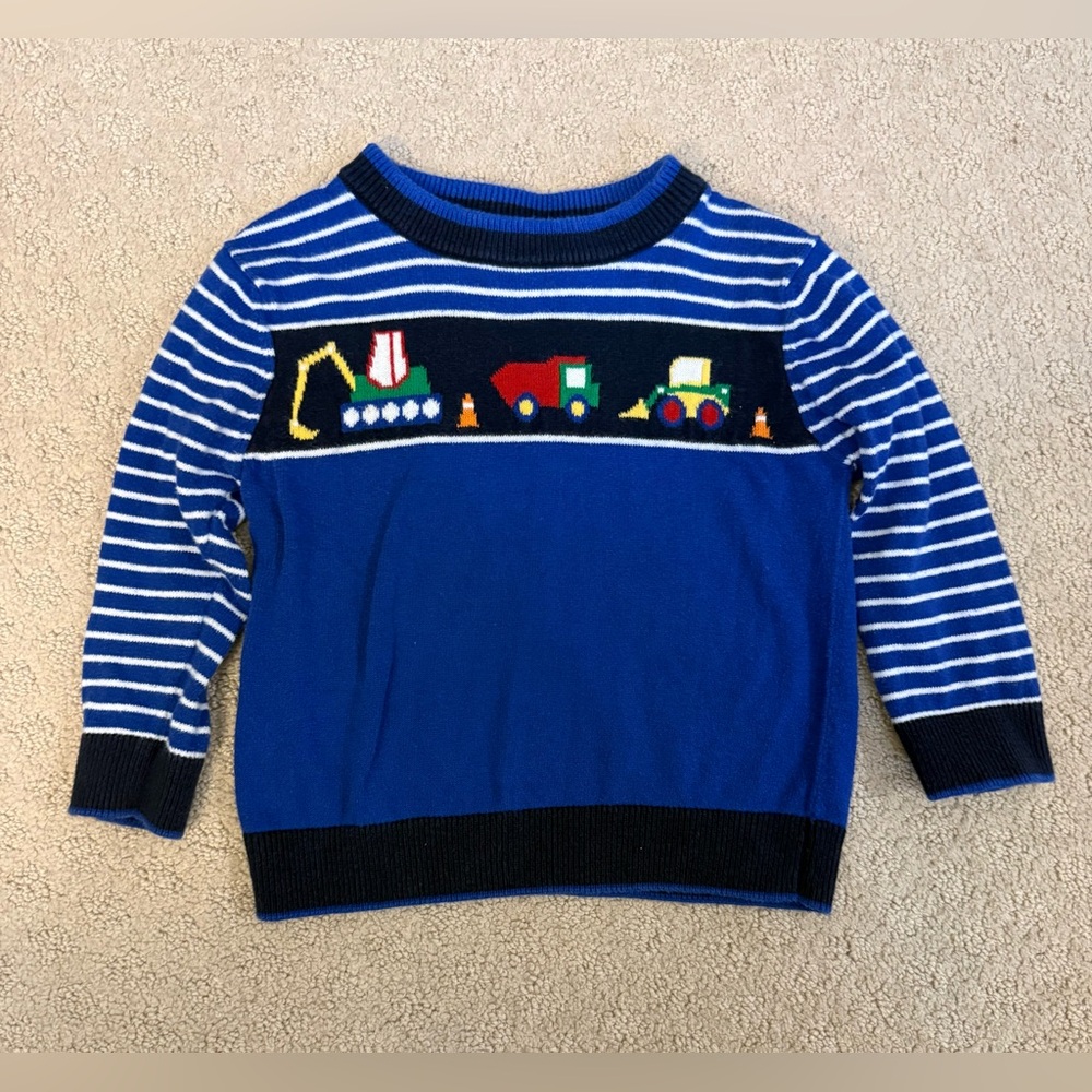 Florence Eiseman Boys Sweater Construction Trucks Blue Striped Size 2T